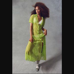 UO Connie Sheer Lace Lime Green Short Baloon Sleeve Midi Shirt Dress womens XS/S